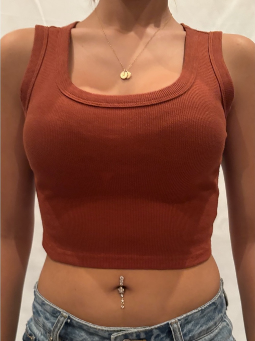 Ribbed Square Neck Crop Tank Top - Rust